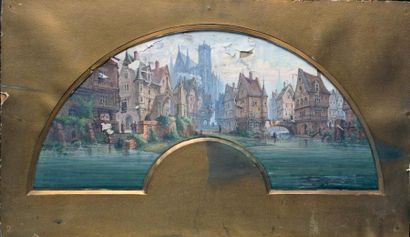 Alphonse CHAIGNON (né en 1828) Fleuve au bord d'une ville médiévale avec maisons...