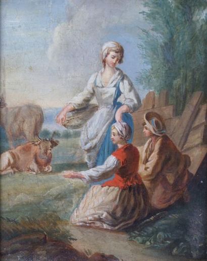 ÉCOLE FRANÇAISE, XIXe siècle, dans le goût de Jean-Baptiste HUET Les jeunes bergères...