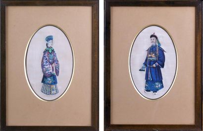 CHINE, XIXe siècle Portrait d'un couple de dignitaires Gouaches sur papier de riz...