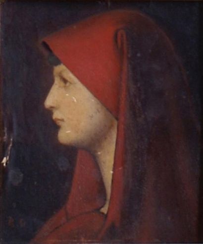 ÉCOLE SYMBOLISTE du XIXe siècle Portrait de femme de profil Huile sur carton monogrammée...