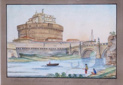 ÉCOLE ITALIENNE du XIXe siècle Vue du château Saint-Ange à Rome Lithographie aquarellée....