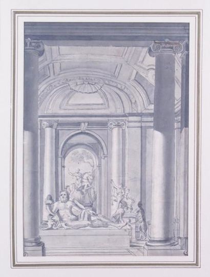 ÉCOLE FRANÇAISE NÉO-CLASSIQUE, vers 1800 La galerie des Antiques Lavis d'encre de...