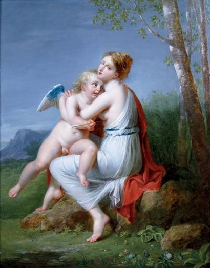 Robert LEFÈVRE - 1755-1830 PSYCHÉ ET L'AMOUR Huile sur panneau signée en bas à droite....