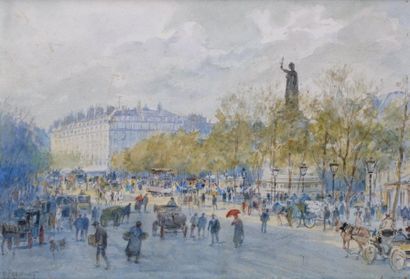 Georges FRAIPONT - 1873-1912 PARIS, LA PLACE DE LA RÉPUBLIQUE Aquarelle signée en...