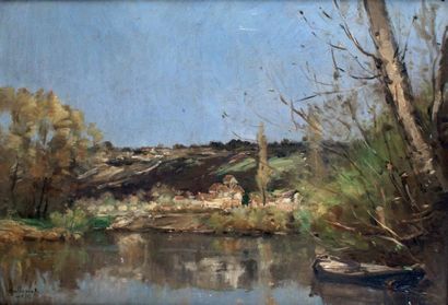 Jean-Baptiste Antoine GUILLEMET - 1843-1918 VILLAGE EN BORD DE RIVIÈRE, 1875 Huile...