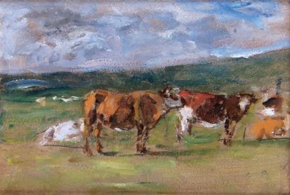 Eugène BOUDIN - 1824-1898 VACHES DANS UN PÂTURAGE Huile sur carton signée des initiales...