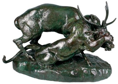 Antoine-Louis BARYE - 1795-1875 PANTHÈRE SAISISSANT UN CERF Épreuve en bronze à patine...