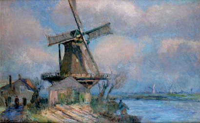 Albert LEBOURG - 1849-1928 MOULIN PRÈS DE ROTTERDAM Huile sur toile signée et située...