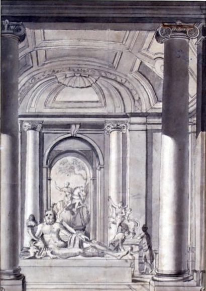 ÉCOLE CLASSIQUE NÉO-CLASSIQUE, vers 1800 LA GALERIE DES ANTIQUES Lavis d'encre de...