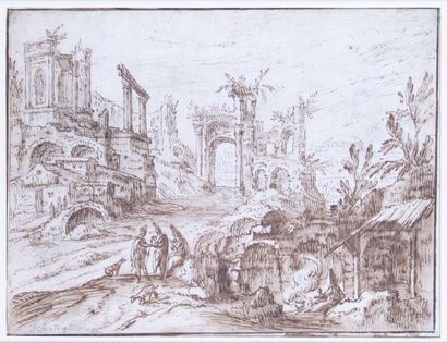 ÉCOLE ITALIENNE, XVIIIe siècle PAYSAGE DE RUINES ANIMÉES Encre de Chine et lavis,...