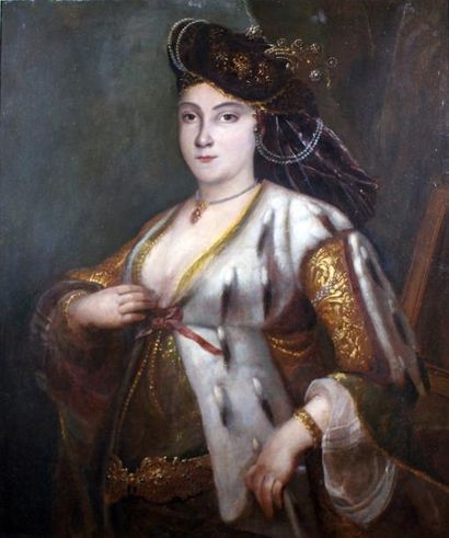 ÉCOLE ANGLAISE, vers 1700 PORTRAIT DE FEMME PORTANT UN MANTEAU BORDÉ D'HERMINE Toile....
