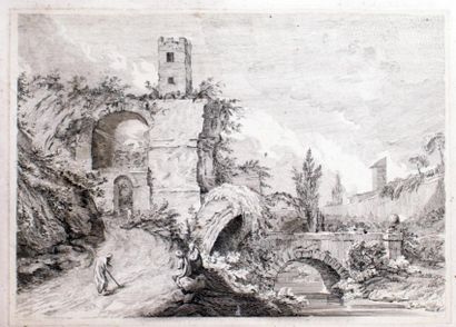 Charles Michel-Ange CHALLE - 1718-1778 PAYSAGE ANIMÉ D'ITALIE AVEC RUINE ET PONT...