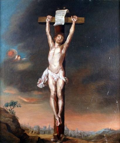 ÉCOLE FRANÇAISE du XIXe siècle CHRIST EN CROIX Huile sur toile. 87 x 72