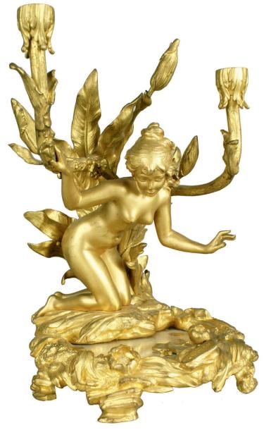 Charles-Georges FERVILLE-SUAN (1847-1925) LA SOURCE, vers 1900 Flambeau en bronze...
