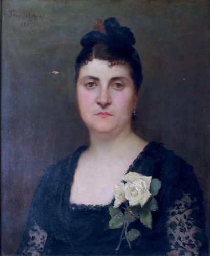 Paul-Désiré TROUILLEBERT - 1829-1900 FEMME À LA ROSE, 1887 Huile sur toile, signée...