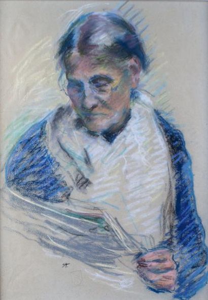 Théophile Alexandre STEINLEN - 1859-1923 PORTRAIT DE FEMME LISANT Pastel, signé des...