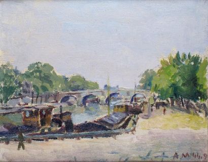 André MALTERRE - né en 1889 PÉNICHES SUR LA SEINE À PARIS, 1944 Huile sur panneau,...