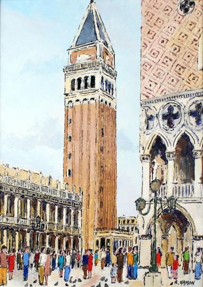 Roland HAMON - 1909-1987 VENISE, LA PIAZZETTA ET LE CAMPANILE Huile sur toile, signée...