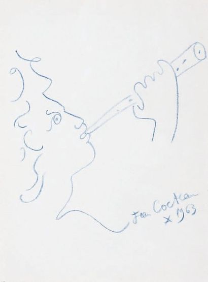 Jean COCTEAU - 1889-1963 LE JOUEUR DE FLÛTE, 1963 Dessin au crayon bleu, signé et...
