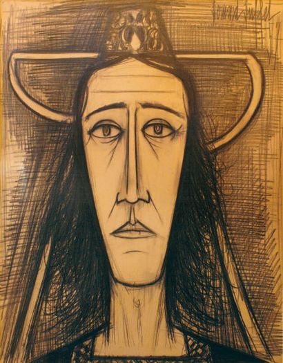 Bernard BUFFET- 1928-1999 BRETONNE, 1957 Dessin au fusain signé et daté en haut à...