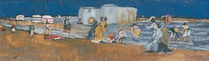 Arthur WILLETT, né en 1868 PLAGE ANIMÉE Huile sur toile marouflée sur panneau. Trace...
