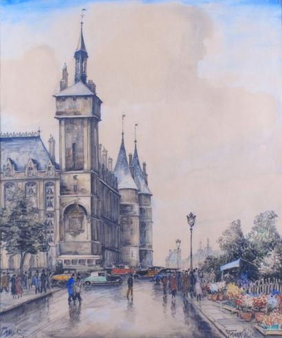 FRANK-WILL - 1900-1951 PARIS, LA CONCIERGERIE ET LE MARCHÉ AUX FLEURS Aquarelle signée...