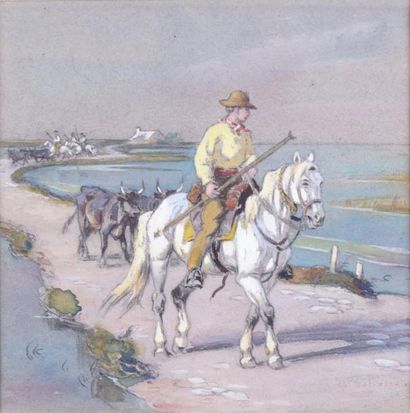 Édouard DOIGNEAU - 1865-1954 GUARDIAN ET SON TROUPEAU EN CAMARGUE Gouache signée...