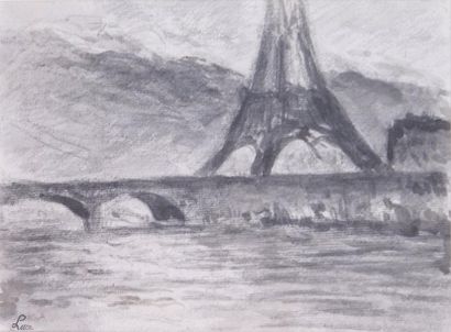Maximilien LUCE - 1858-1941 PARIS, LA TOUR EIFFEL ET LE PONT DE L'ALMA Lavis d'encre...