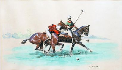 Eugène PÉCHAUBES - 1890-1967 LES JOUEURS DE POLO Aquarelle et gouache signées en...