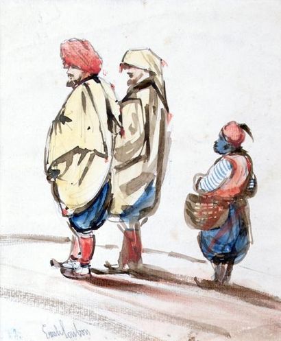 Émile LOUBON - 1809-1863 PERSONNAGES D'ORIENT Aquarelle signée en bas à gauche. 17...