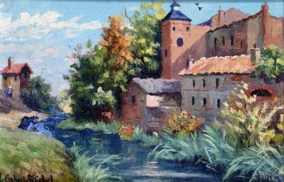 Lucien CAHEN-MICHEL (1888-1979) GRAND MOULIN EN BORD DE RIVIÈRE Huile sur panneau...