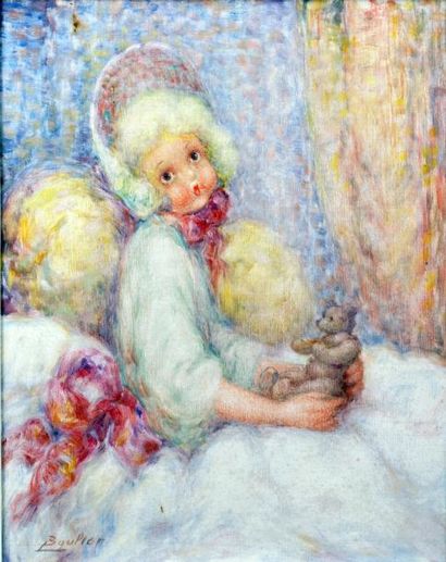 Lucien BOULIER - 1882-1963 FILLETTE ET SON NOUNOURS Huile sur toile signée en bas...