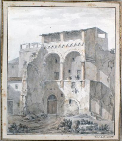 Charles-Louis CLÉRISSEAU - 1721-1820 MAISON ITALIENNE AVEC LOGGIA Encre de Chine,...