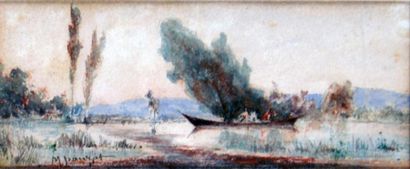 Marius PAUZAT - 1832-1909 LA BARQUE SUR L'ÉTANG Aquarelle, signée en bas à gauche....