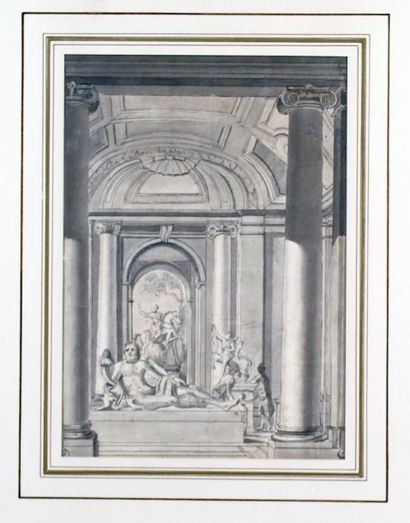 ÉCOLE FRANÇAISE NÉO-CLASSIQUE vers 1800 LA GALERIE DES ANTIQUES Lavis d'encre de...