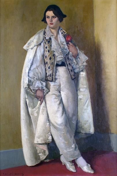 Paul-Albert LAURENS - 1870-1934 PORTRAIT DE FEMME COSTUMÉE EN ARLEQUIN Huile sur...