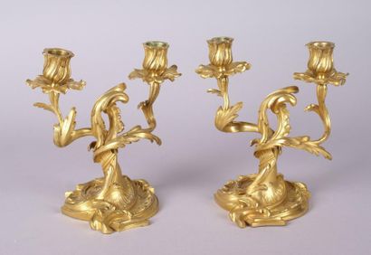 null PAIRE DE CANDÉLABRES à deux lumières en bronze doré d'époque Louis XV à décor...