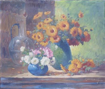 LAUVRAY, école française du XXe siècle Vase de fleurs Huile sur toile, signée en...