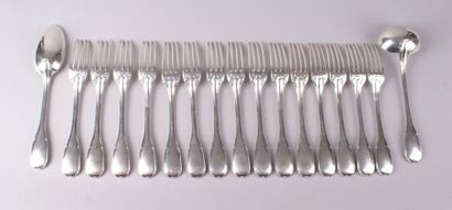 null Treize fourchettes et une cuiller de table en argent. Augsbourg, 1722-6, orfèvre,...