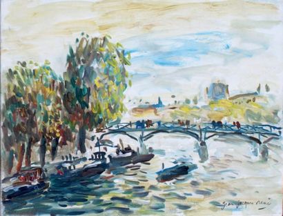 Jean-Jacques RENÉ - né en 1943 PARIS, LE PONT DES ARTS Huile sur toile signée en...