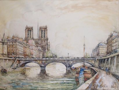 FRANK-WILL - 1900-1951 PARIS, LE PONT SAINT-MICHEL ET NOTRE-DAME Aquarelle signée...