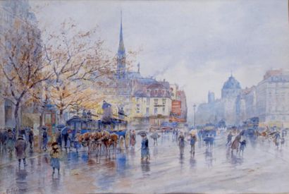 Georges FRAIPONT - 1873-1912 JOUR DE PLUIE À PARIS Aquarelle signée en bas à gauche....