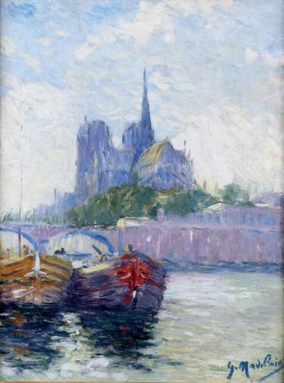 Gustave MADELAIN - 1867-1944 PARIS, LA SEINE ET LE CHEVET DE NOTRE-DAME Huile sur...