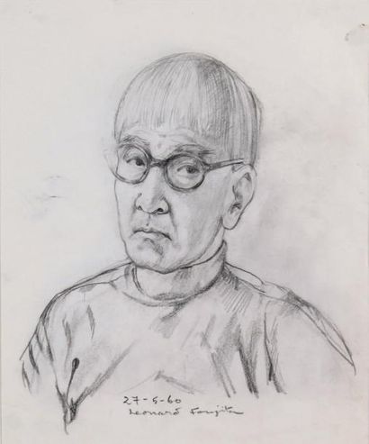 Tsuguharu FOUJITA - 1886-1968 AUTOPORTRAIT,1960 Fusain signé et daté au centre. 29...