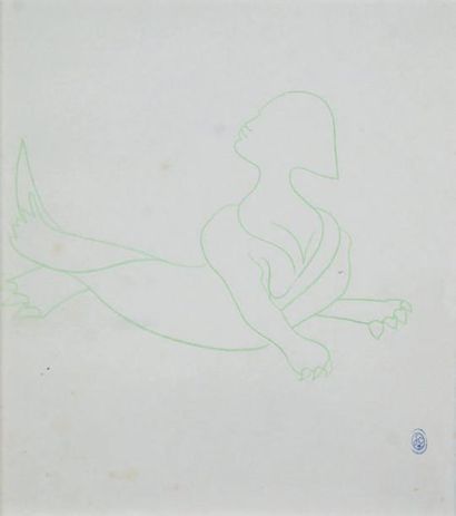 Jean COCTEAU - 1889-1963 SPHINGE Dessin au crayon de couleur signé du cachet en bas...