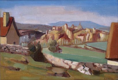 André LHOTE - 1885-1962 LE VIEUX VILLAGE SUR LA COLLINE Huile sur panneau signée...