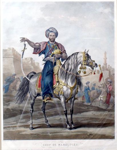 Carle VERNET, d'après «Le chef des Mamelucks.» Grande gravure rehaussée d'aquarelle....