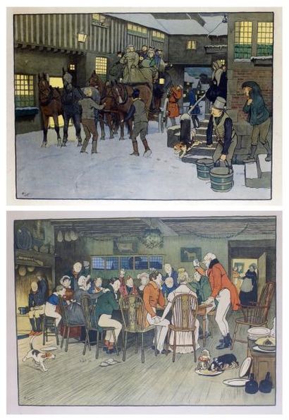 Cécile ALDIN 1870-1935 Le départ de la diligence et le toaste. Paire de chromolithographies....