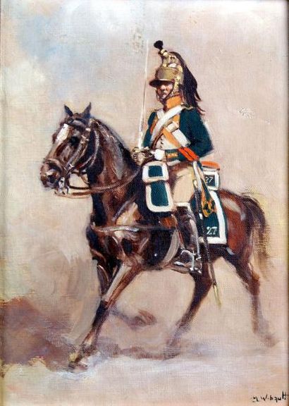 WIBAULT Marcel (1904-1998) «Dragon du 27e régiment, à cheval» Huile sur toile signée...