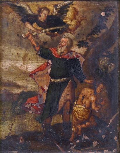ÉCOLE FLAMANDE, vers 1640 Le sacrifice d'Isaac Huile sur cuivre. (Manques). 15,5...